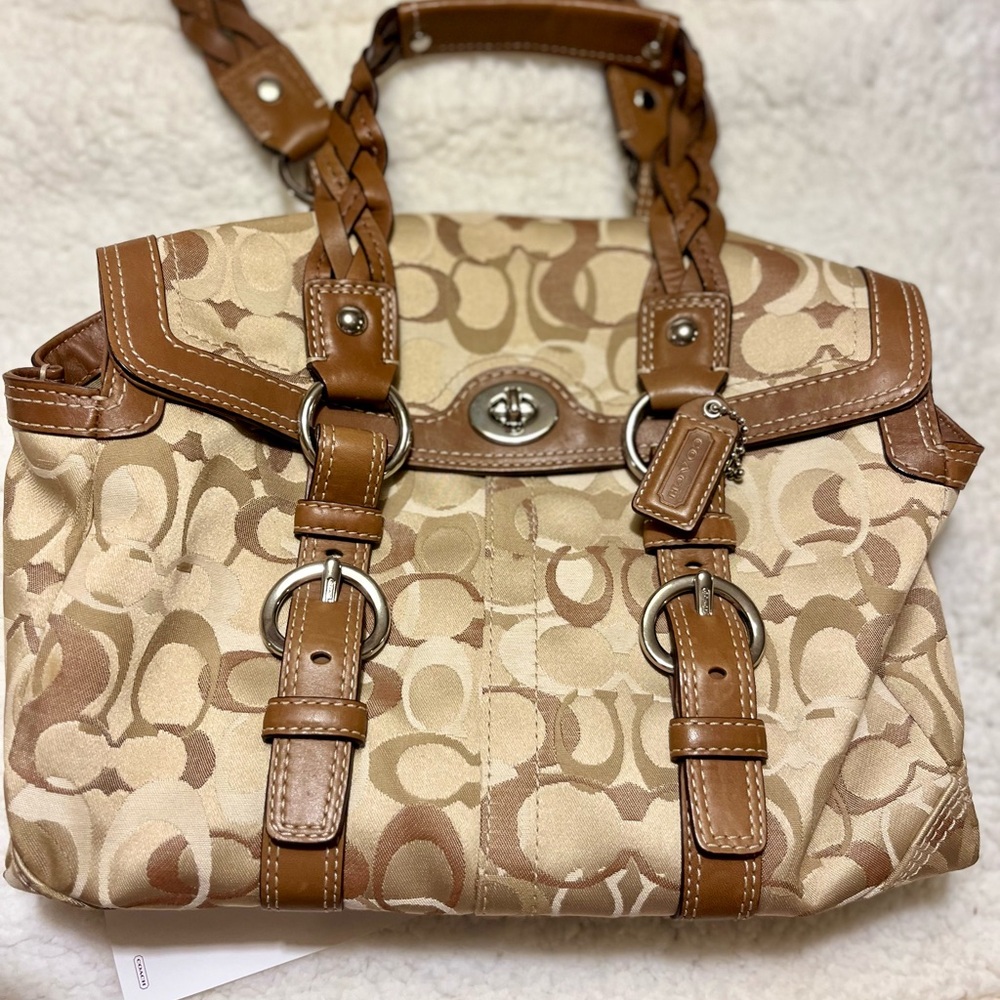 Coach Beige & Brown Signature Canvas Shoulder Bag